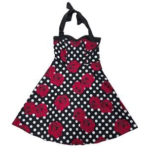 Dress Tells Polka Dot Red Floral Halter Pin Up Retro Swing Dress Size Large